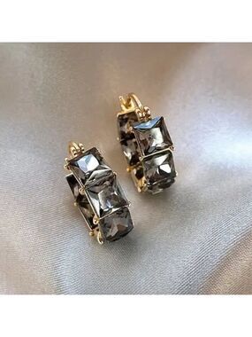 Gold Tone Huggie Earrings w/ Black Princess Cut Stones and Tons of Bling #1491